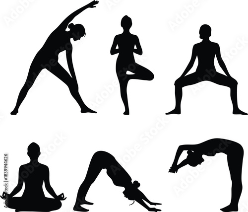 Illustration of set of six female yoga poses silhouettes in various asanas