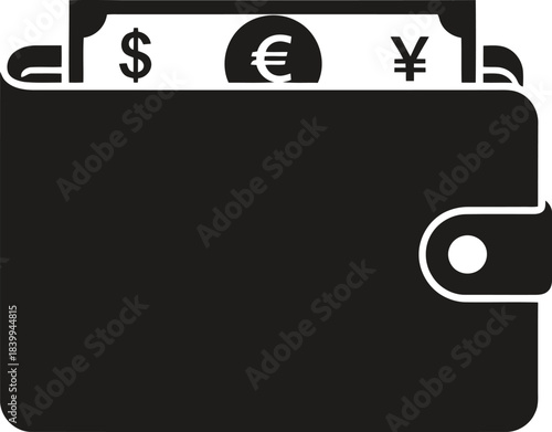 Illustration of black wallet icon with dollar euro and yen currency symbols