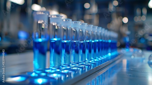 Sterile plastic test tubes arranged linearly on bright laboratory