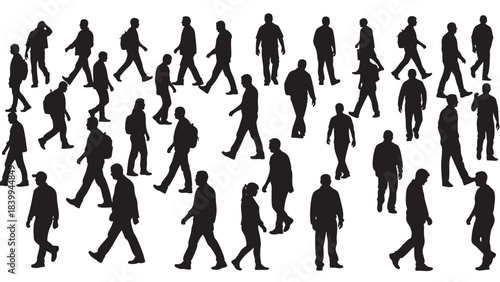 Diverse black human silhouettes walking in various dynamic poses representing busy urban crowd movement illustration