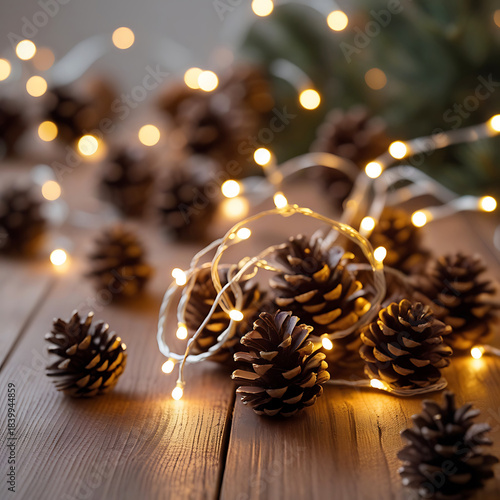 Cozy Christmas Pinecones and Twinkling Lights on Wooden Surface pine cones holiday