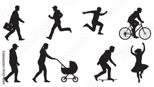 Diverse active people silhouettes engaged in various everyday and leisure activities including walking running cycling and skateboarding