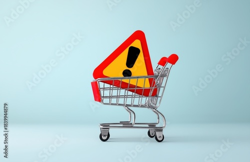 Shopping cart with exclamation mark sign on blue background symbolizing retail risk consumer alerts and potential shopping problems ahead