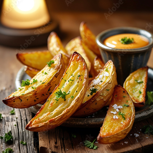 Crispy Potato Wedges With Herb Garnish And Creamy Dip french fries baked