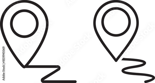 A minimalist, black and white illustration showing two map pin icons connected by a winding path, representing a route or journey.