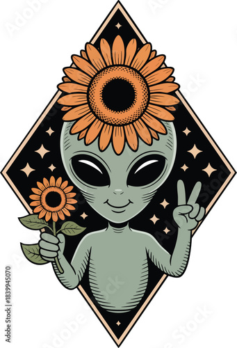 Cute alien with sunflowers and peace sign