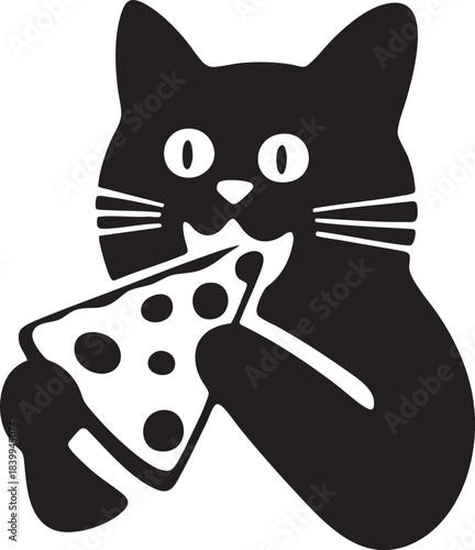Whimsical black cat character holding a slice of cheese