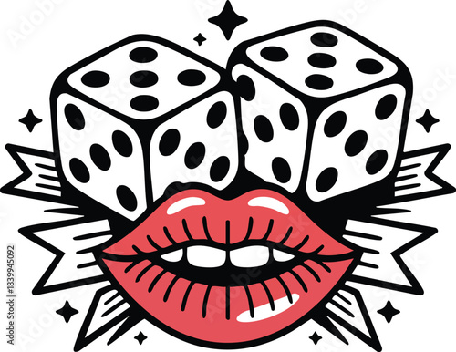 Retro tattoo style dice and red lips with stars and ribbon