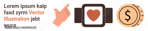 Fintech, wearable devices, digital currency, payments, technology innovations, healthcare. Hand pointing, smartwatch with heart money icon. Fintech and wearable devices concept