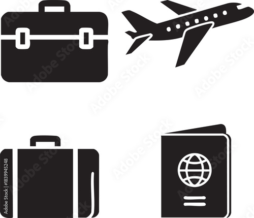 A collection of four black and white vector icons representing travel essentials: a briefcase, an airplane, a suitcase, and a passport.