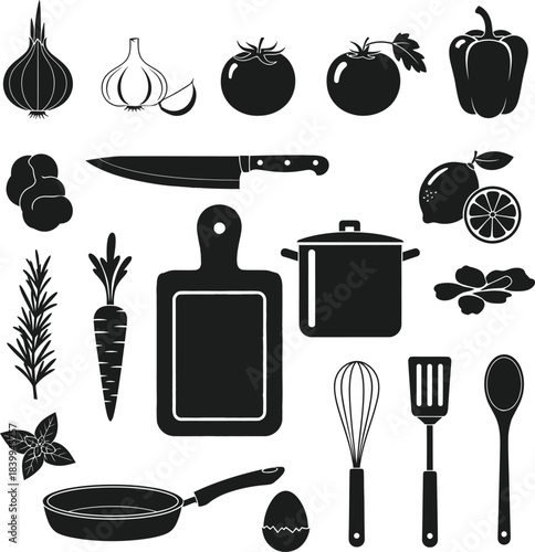 Illustration of collection of cooking and kitchen icons vegetables, utensils, and tools silhouettes