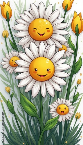 Cheerful daisies with smiling faces basking in the sun