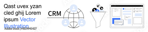 Customer management, sales process, data analysis, digital marketing, user interaction, workflow. ion of CRM network, funnel and UI elements. Customer management and sales process concept