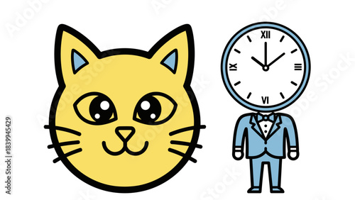 Cat with clock-head character in suit