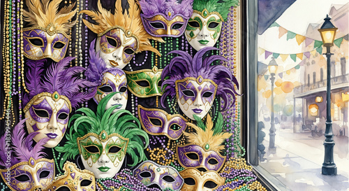 Watercolor illustration with colorful Mardi Gras masks and a street decorated for carnival. Space for the text.