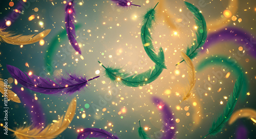 A Mardi Gras-themed backdrop with green, purple, and yellow feathers on a sparkling background.