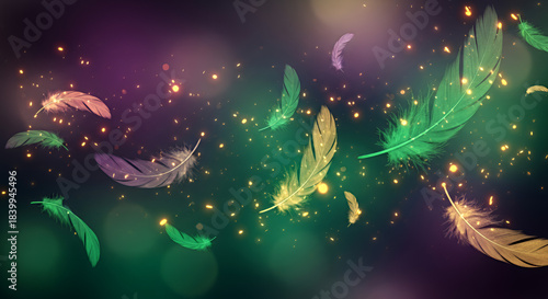 A background in Mardi Gras carnival colors with feathers and lights in the center of the frame.