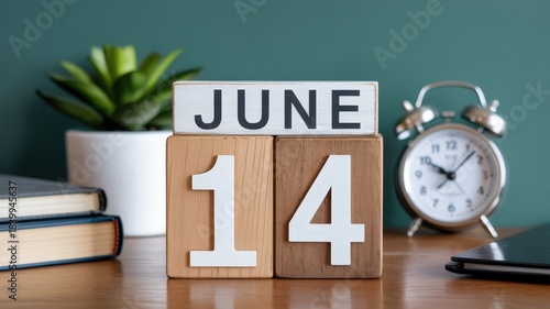 Wooden blocks displaying the month of June and the day fourteen sit on a desk beside office supplies