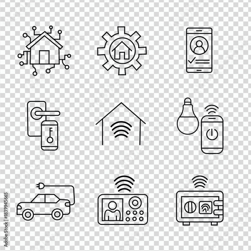 Smart home icons with various devices and settings on transparent background