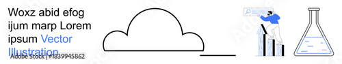 Cloud storage, data analysis, scientific research, laboratory experiments, digital technology, innovation. A cloud symbol, a bar chart analysis and a lab flask. Cloud storage and data analysis