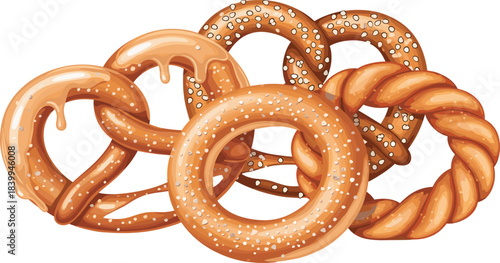 Assorted Pretzels with Salt, Glazed Topping, and Twisted Shapes, Crunchy Golden Baked Snack Collection Illustration