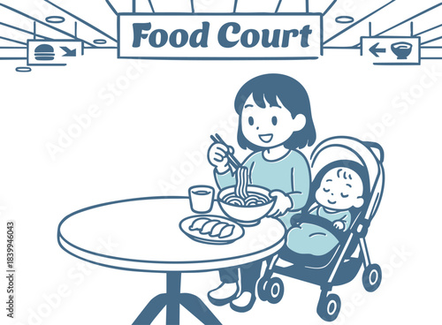 フードコートでラーメンを食べているママと赤ちゃん
Mom and baby eating ramen at the food court