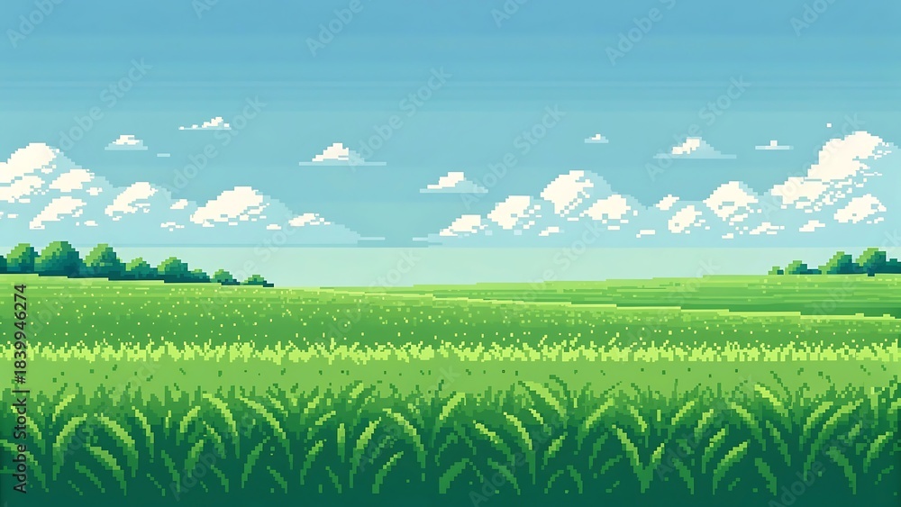 Fototapeta premium Vast green pixel art grassfield under a bright blue sky with fluffy clouds