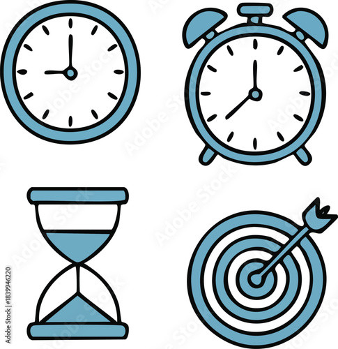 Vector illustration of a clock, hour, minute, and second hands on the dial face, symbolizing time, business, and daily routine
