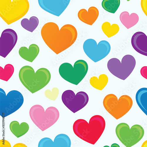Seamless pattern of scattered colorful hearts.