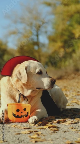 A walk with my beloved Labrador through an autumn park. An autumn walk with my beloved dog in a Halloween costume.
