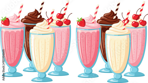 Colorful milkshake illustration featuring strawberry, vanilla, and chocolate flavors with whipped cream, cherries, and decorative toppings