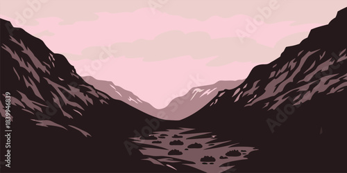 Stunning mountain valley landscape illustration for adventure travel and outdoor lifestyle brands, perfect for nature enthusiasts seeking peace and exploration