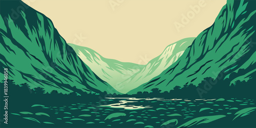 Discover peaceful mountain valley with flowing river and lush green landscape artwork for nature lovers and environmental projects, a scenic vista