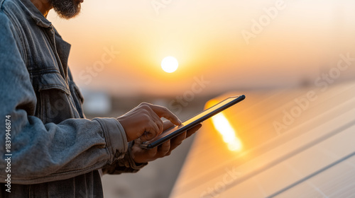 Engineer using tablet to monitor solar panel system at sunset, renewable energy technology and sustainable power management