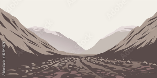 Dramatic mountain valley landscape with rocky terrain, inviting adventure and exploration of the great outdoors, perfect for travel and nature themes