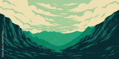 Serene green mountain valley landscape with dramatic skies, perfect for travel blogs, nature editorials, and outdoor adventure campaigns