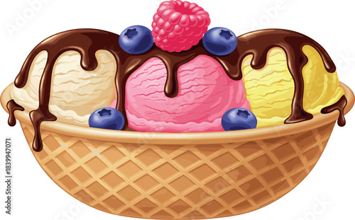 Ice Cream Sundae in Waffle Bowl with Vanilla, Strawberry, and Mango Scoops, Chocolate Drizzle, Blueberries, and Raspberry Topping