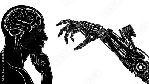 Silhouette of a human head with a visible brain contemplating a reaching robotic arm, symbolizing the interaction between humanity and artificial intelligence.