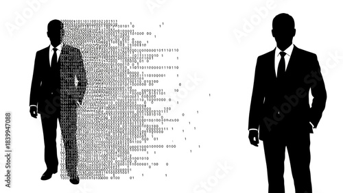 Two silhouetted businessmen, one dissolving into digital data, representing identity and information.