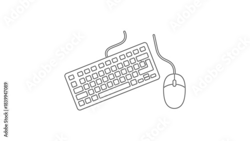 A minimalist line art illustration depicting a wired computer keyboard and a wired mouse, essential input devices for computing.