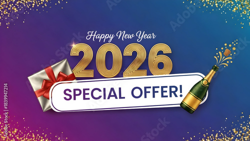 Golden 2026 new year celebration with champagne bottle and special offer banner