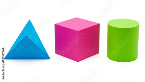 Three colorful basic 3D geometric shapes including a blue triangle, a pink cube, and a green cylinder on a white background.