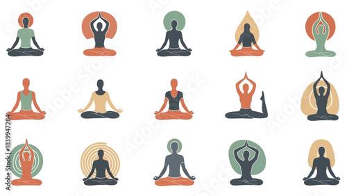 Collection of stylized yoga and meditation pose silhouettes in earthy tones, depicting people practicing mindfulness and spiritual well-being.