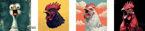 In this illustration, a rooster is shown with an angry crowing expression against a sunny background, created in a modern clip art style that utilizes simple gradients and includes some elements on