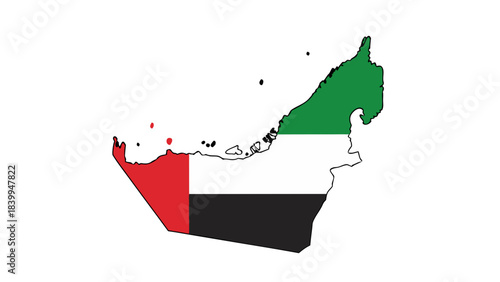 United Arab Emirates Map Silhouette Filled With National Flag Colors Red White Black and Green on Black Background