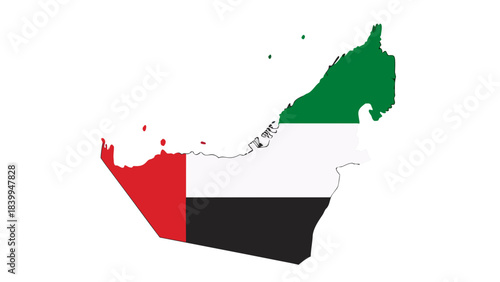 United Arab Emirates Map Silhouette Filled With National Flag Colors Red White Black and Green on Black Background Representing National Identity and Patriotism