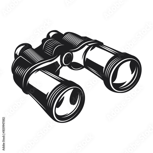 Classic monochrome binoculars illustration for exploration concept isolated on white background, Vector