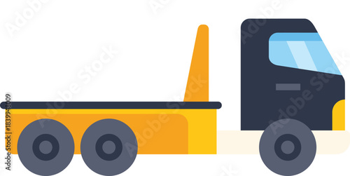 Side view of a tow truck ready for assistance, featuring an empty flatbed and a dark cabin