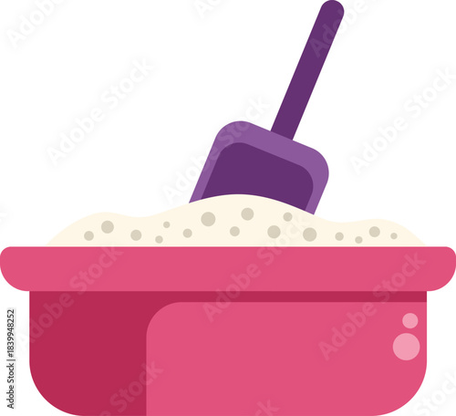 Pink plastic sandbox full of white sand with a purple shovel standing up, isolated on white background