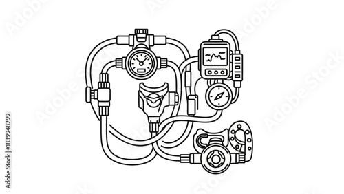 An intricate black and white line drawing illustrating various components of scuba diving equipment, including regulators, gauges, and a dive computer.